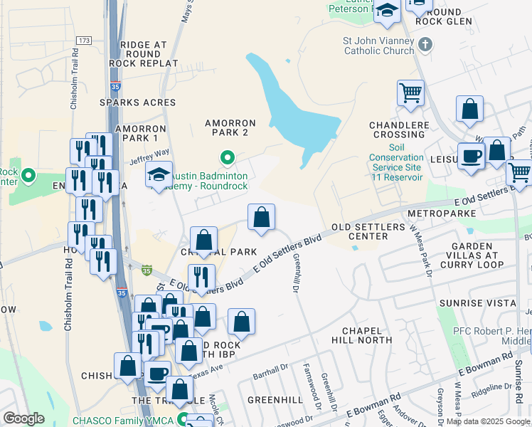 map of restaurants, bars, coffee shops, grocery stores, and more near 600 Greenhill Drive in Round Rock