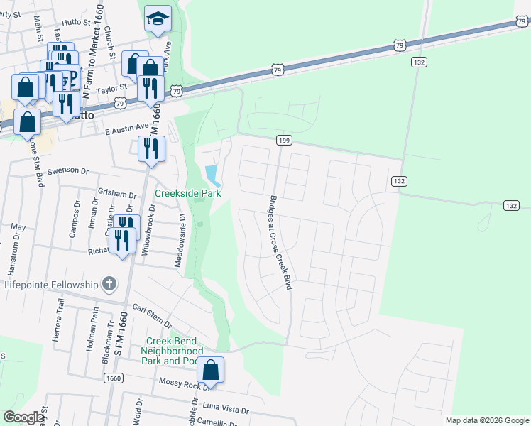 map of restaurants, bars, coffee shops, grocery stores, and more near 408 Waterway Avenue in Hutto