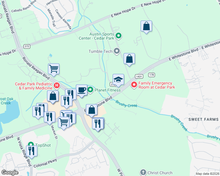 map of restaurants, bars, coffee shops, grocery stores, and more near 4496-4898 East Whitestone Boulevard in Cedar Park