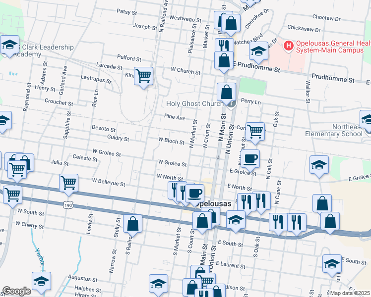 map of restaurants, bars, coffee shops, grocery stores, and more near 427 North Market Street in Opelousas