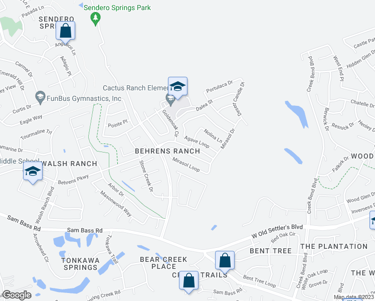 map of restaurants, bars, coffee shops, grocery stores, and more near 2601 Mirasol Loop in Round Rock