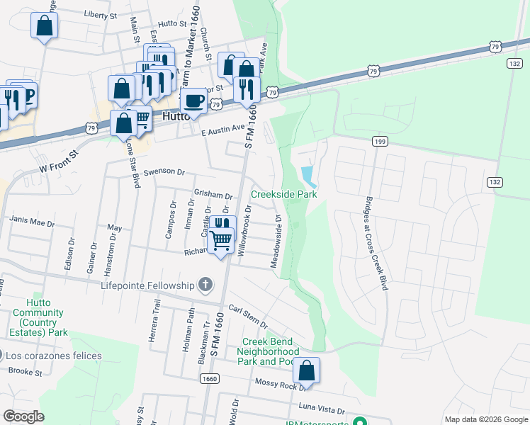 map of restaurants, bars, coffee shops, grocery stores, and more near 102 Twilight Way in Hutto