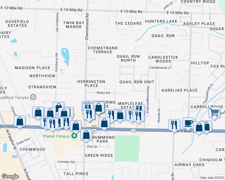 map of restaurants, bars, coffee shops, grocery stores, and more near 9760 Music Lane in Pensacola