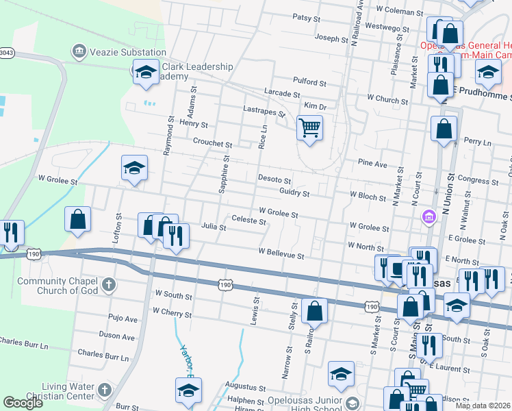 map of restaurants, bars, coffee shops, grocery stores, and more near 100-298 Rice Lane in Opelousas