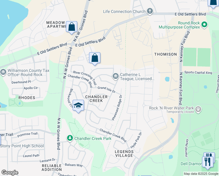 map of restaurants, bars, coffee shops, grocery stores, and more near 219 Grand Isle Drive in Round Rock