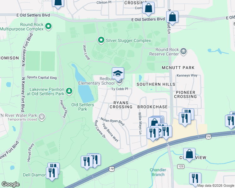 map of restaurants, bars, coffee shops, grocery stores, and more near 1503 Ty Cobb Place in Round Rock