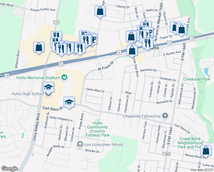 map of restaurants, bars, coffee shops, grocery stores, and more near 106 Bennett Cove in Hutto