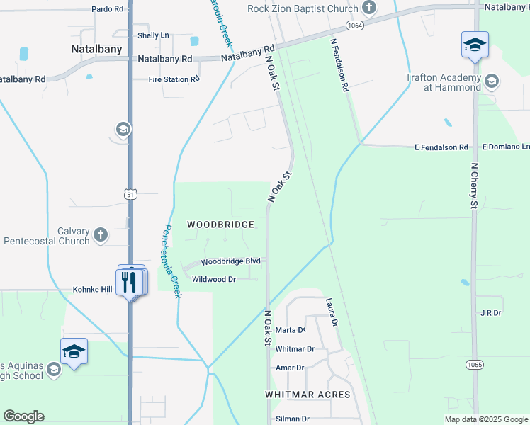 map of restaurants, bars, coffee shops, grocery stores, and more near 100 Mallard Drive in Hammond