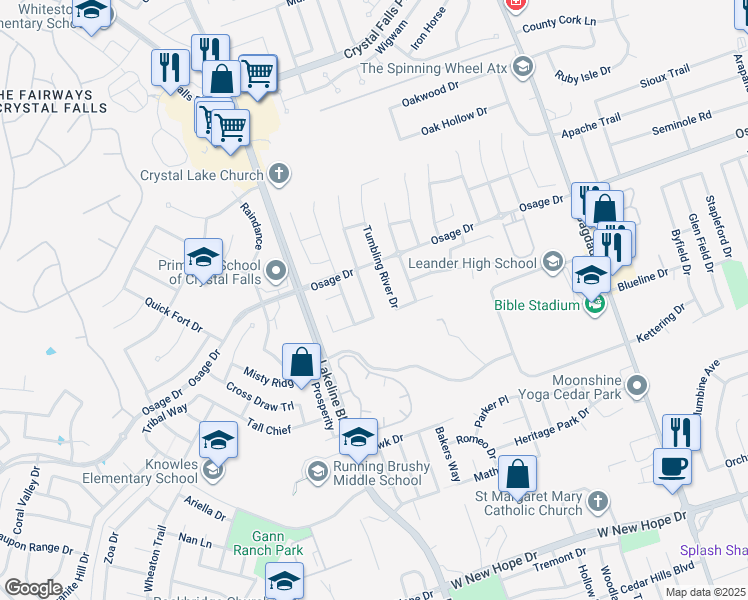 map of restaurants, bars, coffee shops, grocery stores, and more near 2716 Granite Creek Drive in Leander