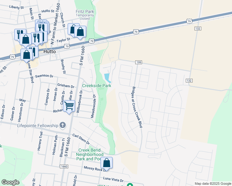 map of restaurants, bars, coffee shops, grocery stores, and more near 350 County Road 199 in Hutto