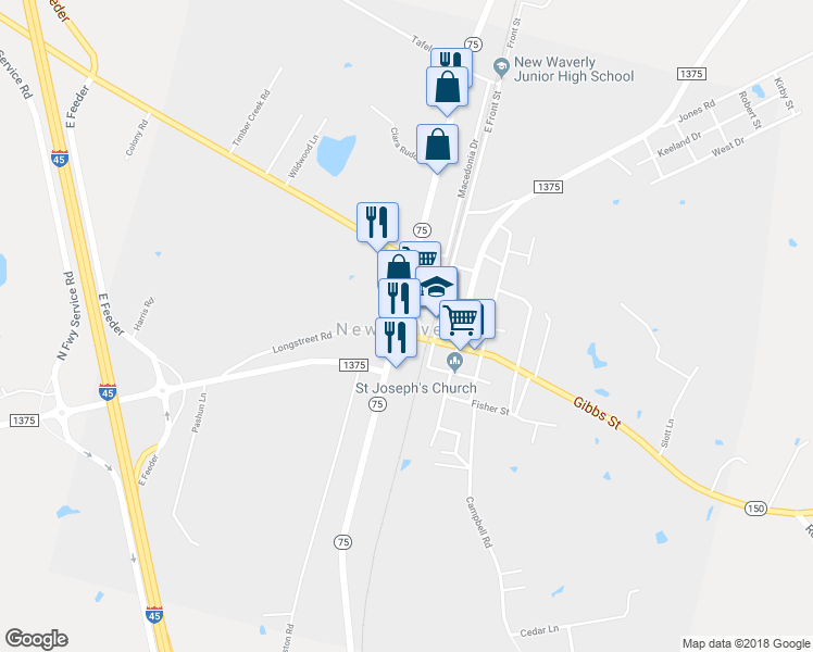 map of restaurants, bars, coffee shops, grocery stores, and more near 120 Gibbs Street in New Waverly