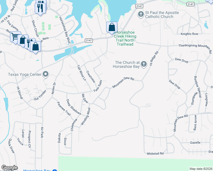 map of restaurants, bars, coffee shops, grocery stores, and more near 505 Twin Sails in Horseshoe Bay