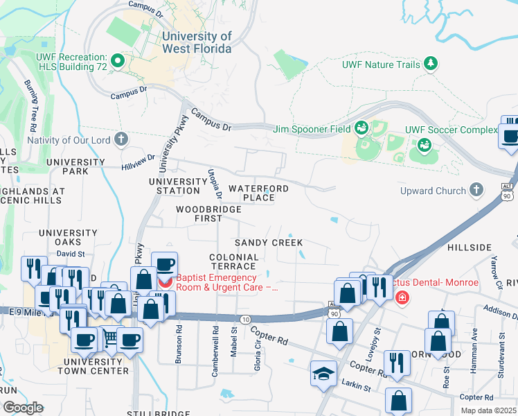 map of restaurants, bars, coffee shops, grocery stores, and more near 10162 Crest Ridge Drive in Pensacola