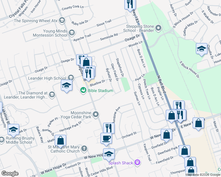 map of restaurants, bars, coffee shops, grocery stores, and more near 2409 Byfield Drive in Cedar Park