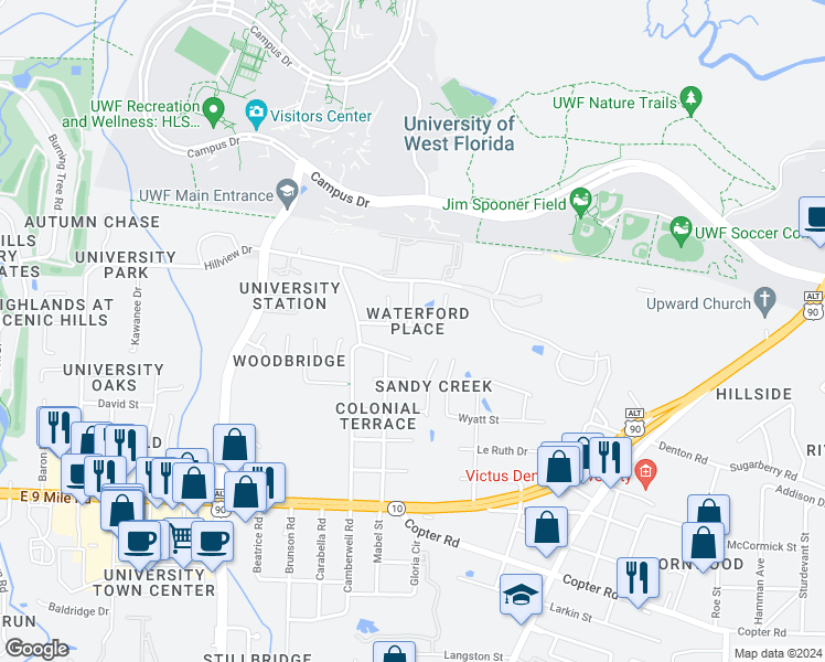 map of restaurants, bars, coffee shops, grocery stores, and more near 10156 Crest Ridge Drive in Pensacola