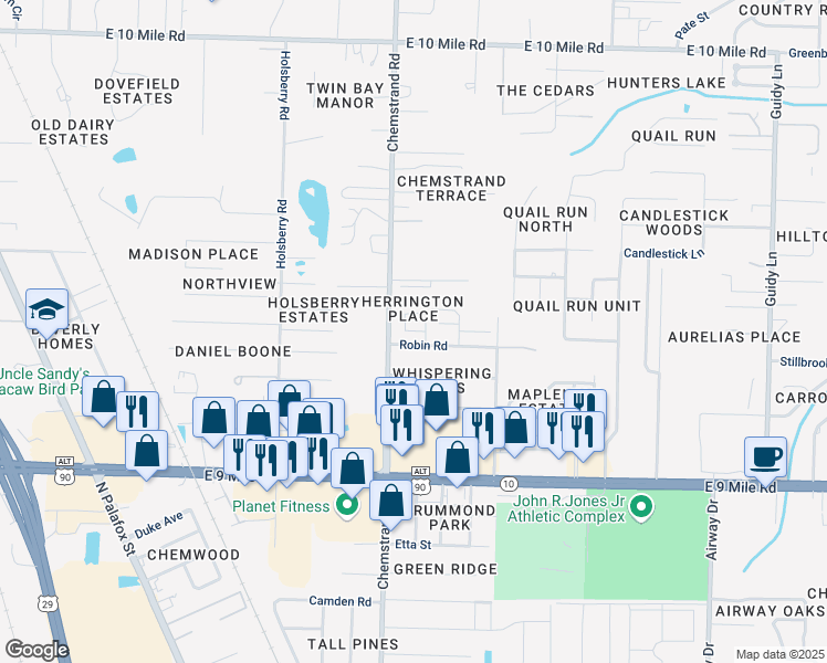 map of restaurants, bars, coffee shops, grocery stores, and more near 9920 Monet Way in Pensacola
