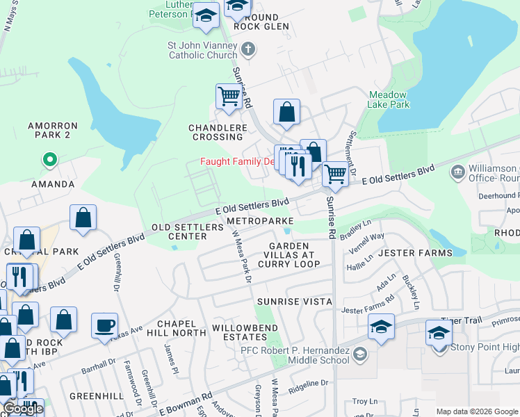 map of restaurants, bars, coffee shops, grocery stores, and more near 1300 East Old Settlers Boulevard in Round Rock