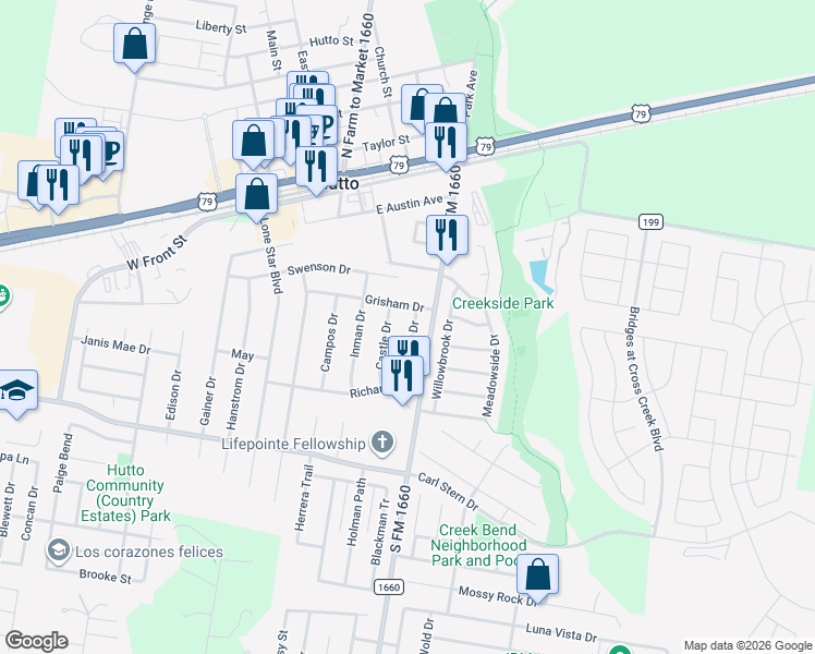 map of restaurants, bars, coffee shops, grocery stores, and more near 100 Grisham Drive in Hutto