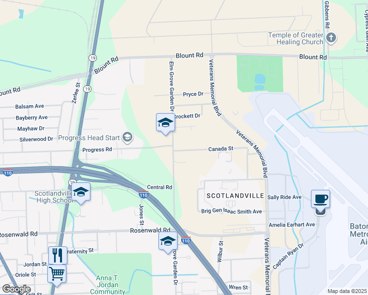map of restaurants, bars, coffee shops, grocery stores, and more near 2329 Progress Road in Baton Rouge