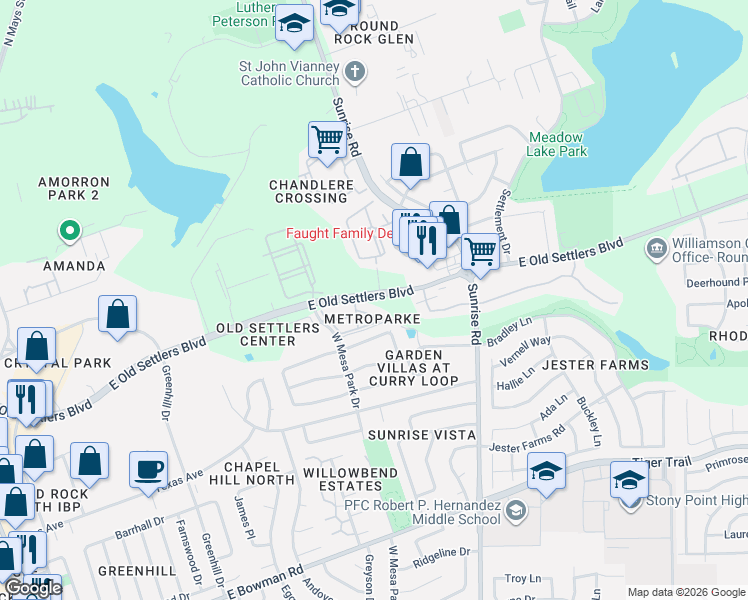 map of restaurants, bars, coffee shops, grocery stores, and more near 1300 East Old Settlers Boulevard in Round Rock