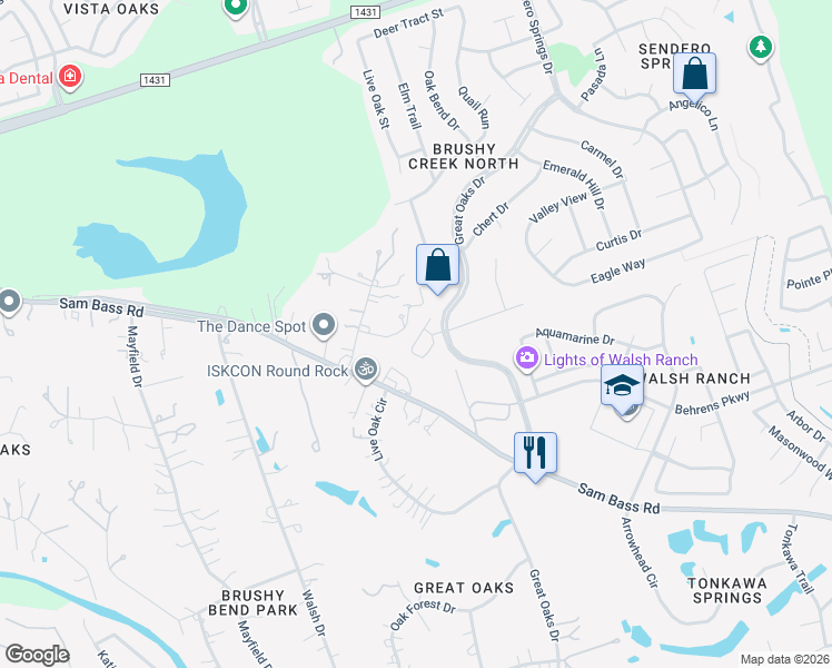 map of restaurants, bars, coffee shops, grocery stores, and more near 2500 Double Tree Street in Round Rock