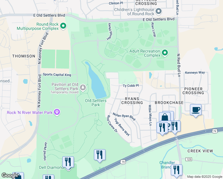 map of restaurants, bars, coffee shops, grocery stores, and more near 1300 Ty Cobb Place in Round Rock
