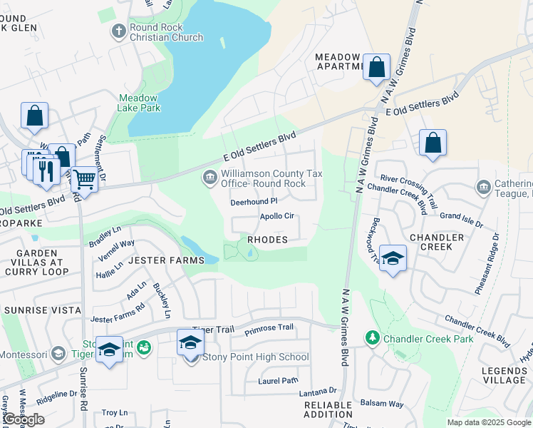 map of restaurants, bars, coffee shops, grocery stores, and more near 1214 Champion Drive in Round Rock