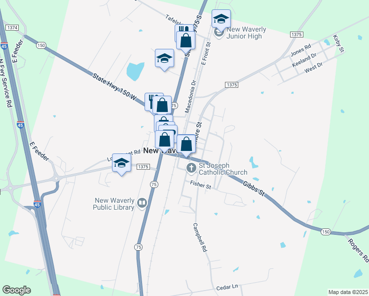map of restaurants, bars, coffee shops, grocery stores, and more near 355 Front Street in New Waverly