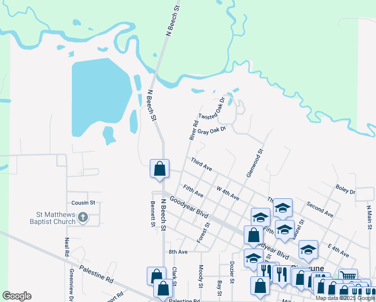 map of restaurants, bars, coffee shops, grocery stores, and more near River Road in Picayune