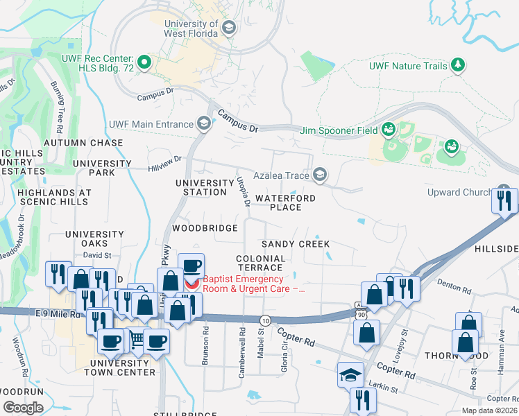 map of restaurants, bars, coffee shops, grocery stores, and more near 9808 Crestmont Circle in Pensacola