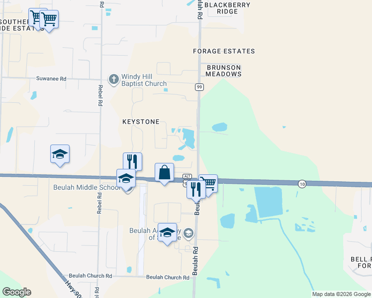 map of restaurants, bars, coffee shops, grocery stores, and more near 10707-10825 Beulah Road in Pensacola