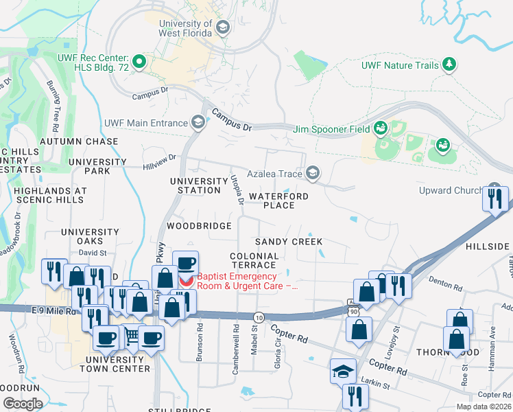 map of restaurants, bars, coffee shops, grocery stores, and more near 9808 Crestmont Circle in Pensacola