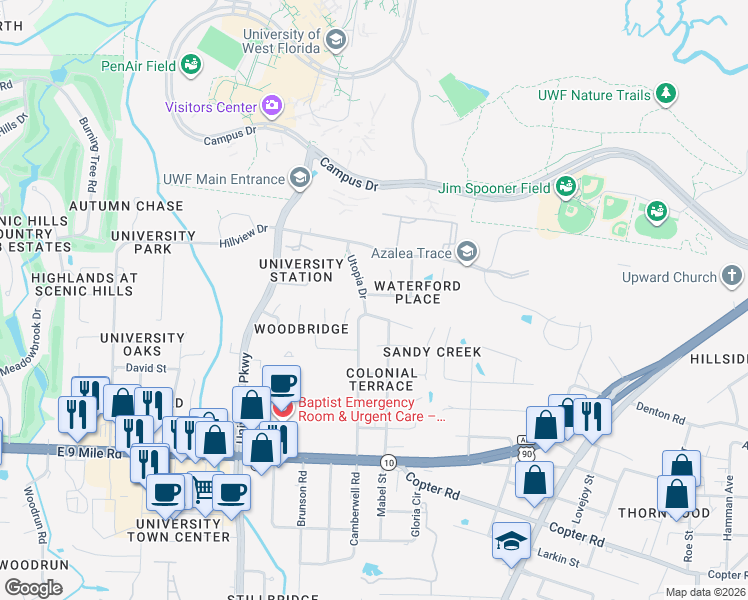map of restaurants, bars, coffee shops, grocery stores, and more near 9822 Utopia Drive in Pensacola