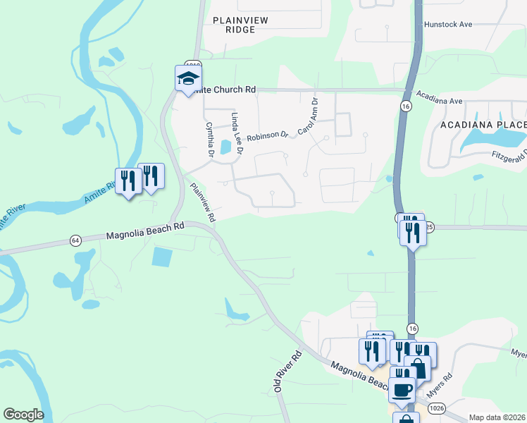 map of restaurants, bars, coffee shops, grocery stores, and more near 7357 Cherrydale Drive in Denham Springs