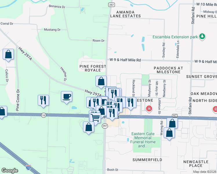 map of restaurants, bars, coffee shops, grocery stores, and more near 1128 Sweetbriar Street in Cantonment
