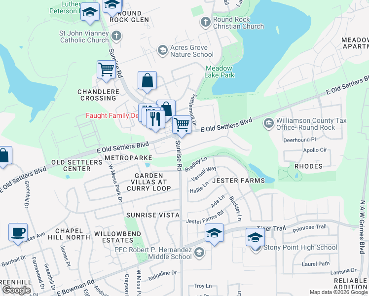map of restaurants, bars, coffee shops, grocery stores, and more near 2499 Sunrise Road in Round Rock