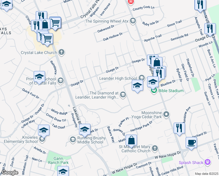 map of restaurants, bars, coffee shops, grocery stores, and more near 1310 Alpine Mountain Drive in Leander