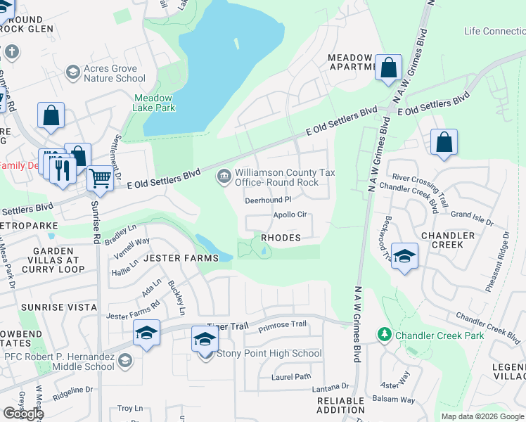 map of restaurants, bars, coffee shops, grocery stores, and more near 1214 Champion Drive in Round Rock