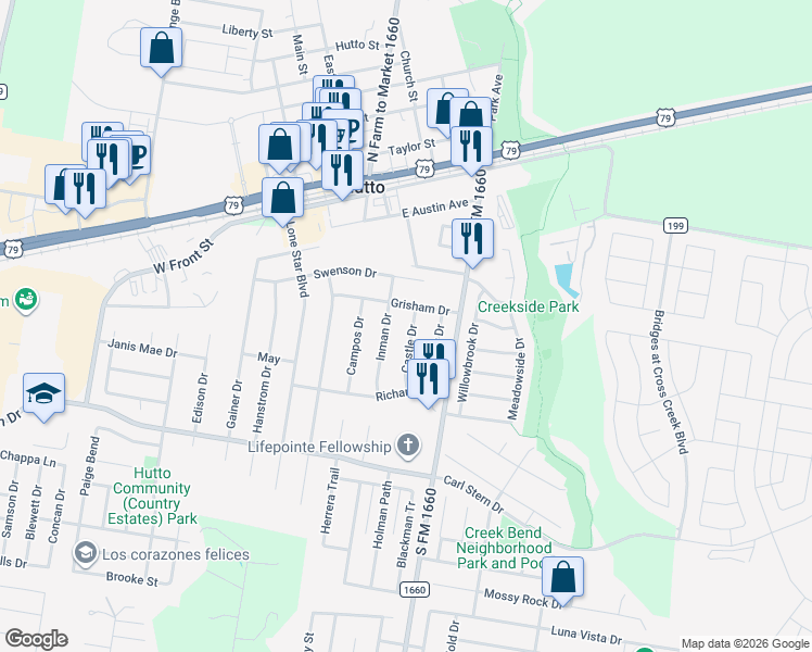 map of restaurants, bars, coffee shops, grocery stores, and more near 125 Castle Drive in Hutto