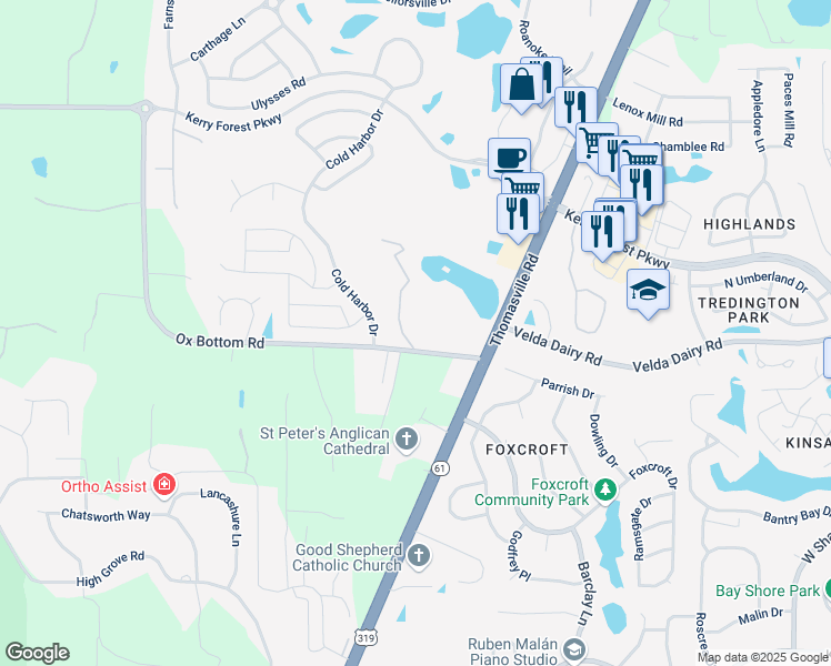 map of restaurants, bars, coffee shops, grocery stores, and more near 2580 Ox Bottom Road in Tallahassee