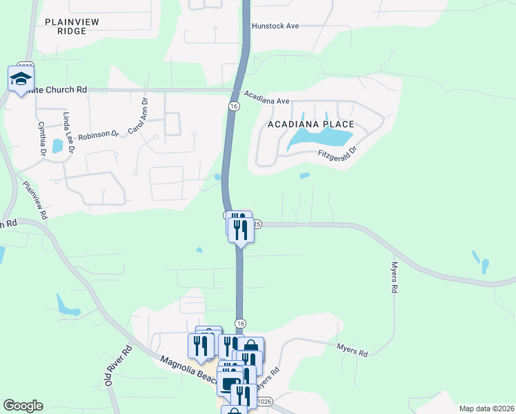 map of restaurants, bars, coffee shops, grocery stores, and more near 8007 Arnold Road in Denham Springs