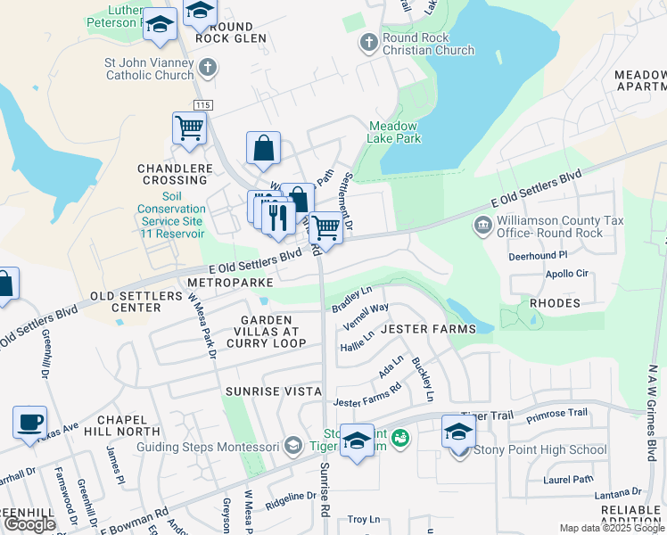 map of restaurants, bars, coffee shops, grocery stores, and more near 2499 Sunrise Road in Round Rock