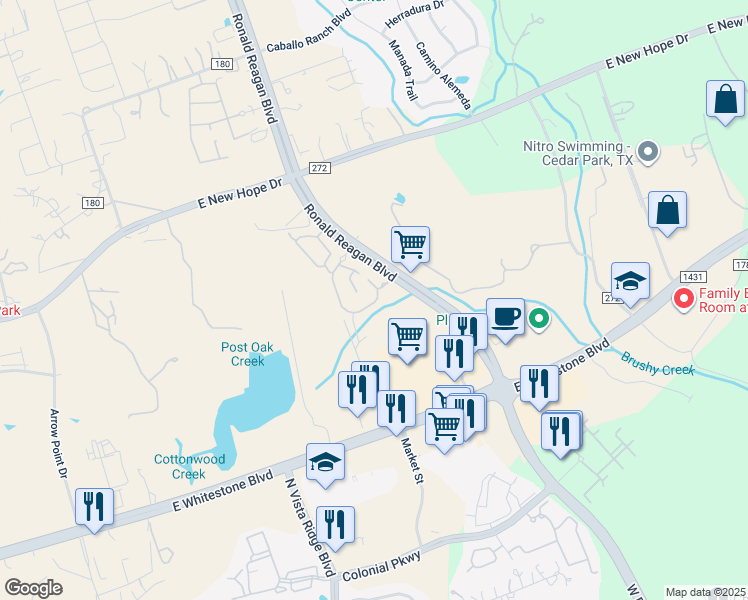 map of restaurants, bars, coffee shops, grocery stores, and more near 2731 East Whitestone Boulevard in Cedar Park
