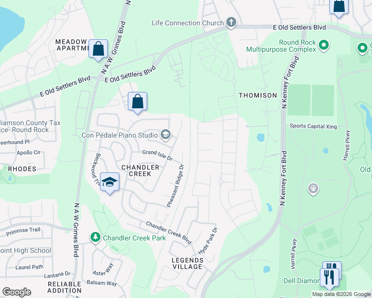 map of restaurants, bars, coffee shops, grocery stores, and more near 610 Pheasant Ridge in Round Rock