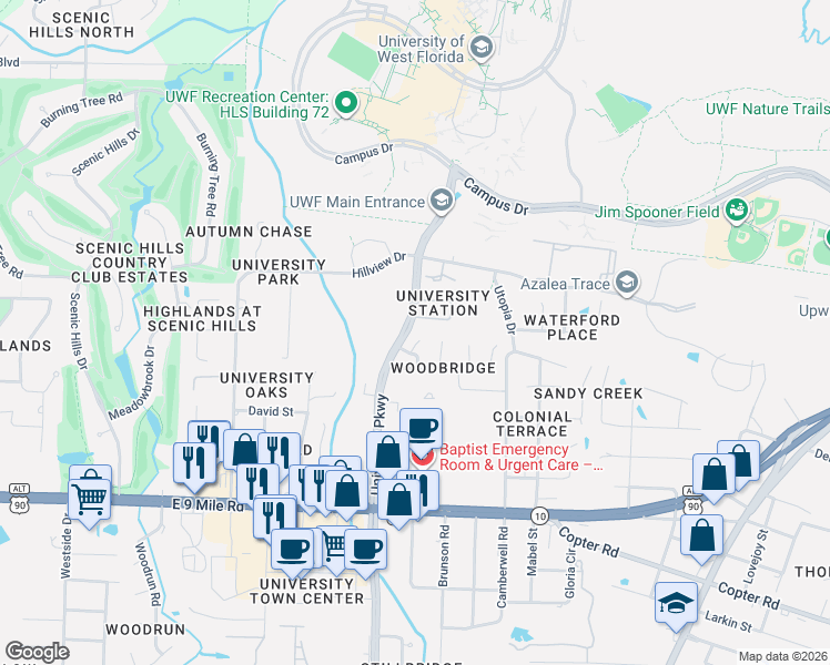 map of restaurants, bars, coffee shops, grocery stores, and more near 2013 Cambridge Circle in Pensacola