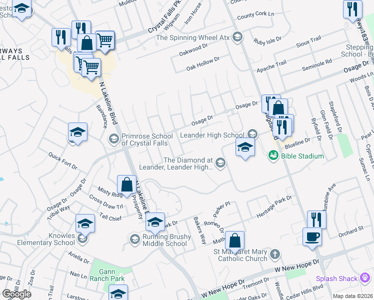 map of restaurants, bars, coffee shops, grocery stores, and more near 2715 Saddle Blanket Place in Leander