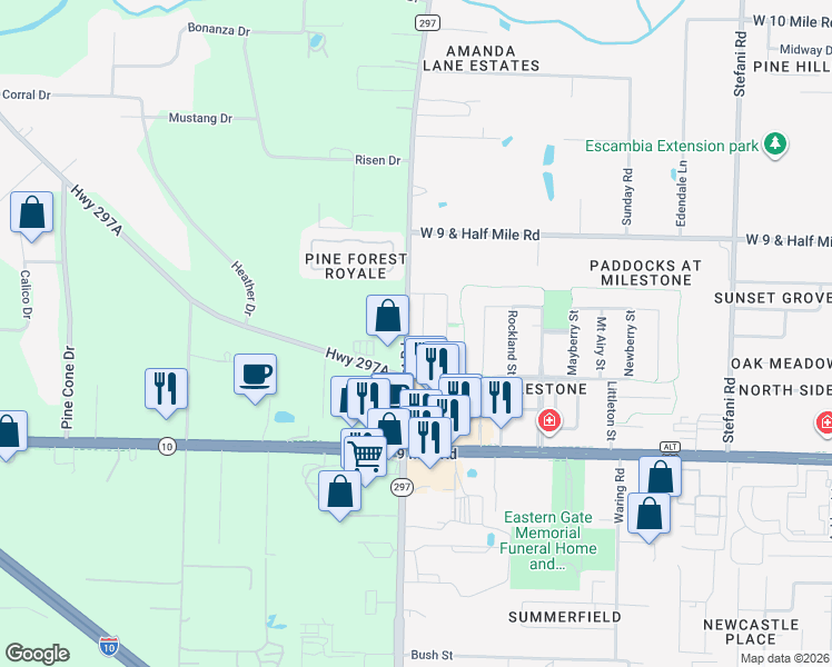 map of restaurants, bars, coffee shops, grocery stores, and more near 1145 Sweetbriar Street in Ensley