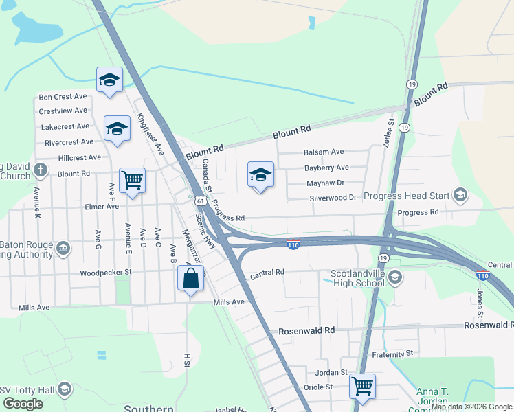 map of restaurants, bars, coffee shops, grocery stores, and more near 855 Progress Road in Baton Rouge