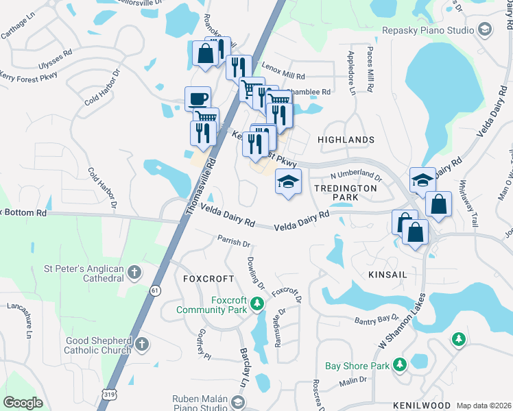 map of restaurants, bars, coffee shops, grocery stores, and more near 5303 Saint Ives Lane in Tallahassee