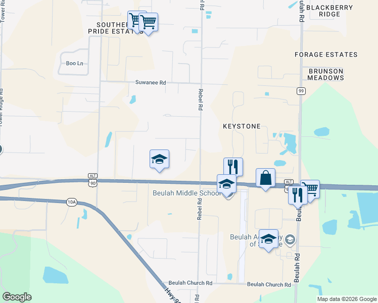 map of restaurants, bars, coffee shops, grocery stores, and more near 9800 Rebel Road in Pensacola